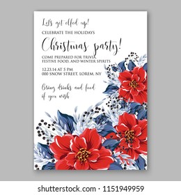 Floral winter wreath vector invitation template for Christmas party velvet red Poinsettia fir pine needle priver berry greenery