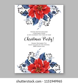 Floral winter wreath vector invitation template for Christmas party velvet red Poinsettia fir pine needle priver berry greenery