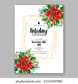 Floral winter wreath vector invitation template for Christmas party Poinsettia fir pine needle greenery