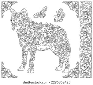 Floral wolf. Adult coloring book page with fantasy animal and flower elements