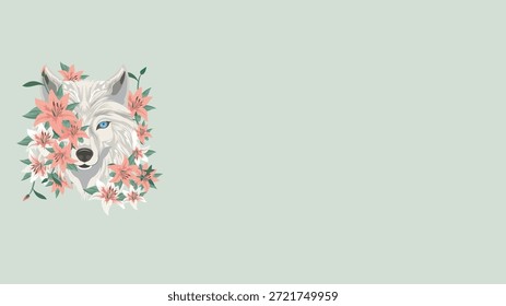 Ilustración vectorial de cabeza de lobo floral con lirios rosados sobre fondo de salvia suave y espacio de copia Grande, ideal para marcas, carteles, pegatinas, impresiones de ropa, invitaciones, encabezados de redes sociales y proyectos de diseño con temas de naturaleza.