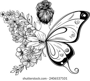 Floral woman, Butterfly flower, Girl with wings, Wildflowers, Girl Butterfly Fairy Cricut Silhouette.