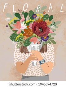Floral  Woman and flower bouquet  Vector watercolor illustration girl holding flowers  plants   leaves  Greeting card for congratulations mother's day  birthday   women's day