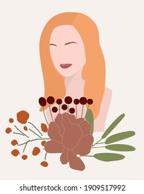 Floral woman modern womens prints. Women with flowers together. The minimal portrait of a girl. Vector illustration