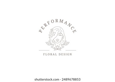 Floral woman portrait botanical face line logo design template vector illustration. Female natural botany blossom plant outline logotype for feminine spa studio skin care organic cosmetics brand