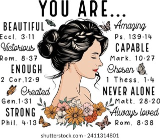 Floral woman, You are Inspiration, Bible verse, Retro Flower girl, Inspirational, Wildflowers, Motivational, Retro Boho svg