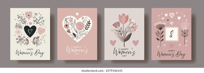 Floral Women's Day Greeting Cards Set – Elegant Hand-Drawn Botanical Designs with Soft Pastel Colors, Hearts, and Delicate Typography for March 8 Celebration