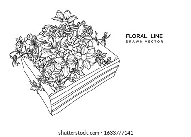 Floral in wooden bucket - Black and white drawing vector in cartoon illustration style. Right side is blank for copy space of advertising and commercial use. Separation main object with layers.