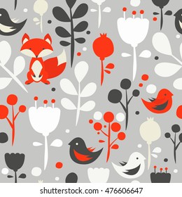 Floral woodland animals seamless pattern on gray background. Vector pattern with fox and brids