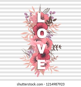 Floral word LOVE (flowers, grass, leaves). Floral letter.