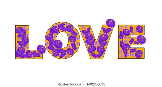 Floral word LOVE. Purple with gold color. Love banner for the store on Valentine's Day. Modern calligraphy vector illustration text design for print labels, posters, banners.