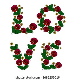 Floral word LOVE. Vector Stylish floral card 