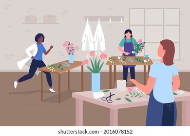 Taller floral para el bienestar de los médicos ilustraciones vectoriales de color plano. Apoyo a la salud mental. Hobby creativo. Profesionales de la salud Caracteres de dibujos animados 2D con clase de arreglo floral sobre el fondo