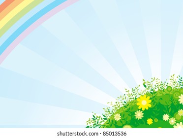 Floral world. Vector   background  with  blossoming flowers, green leaves and rainbow.