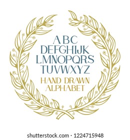 Floral wreath and alphabet. Hand drawn laurel wreath and hand written lettering vector illustration. Botanical floral wreath with leaves for wedding and holiday. 