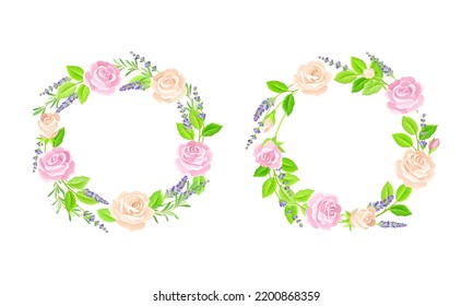 Floral Wreath Arranged from Lavender Twigs and Rose Buds Vector Set
