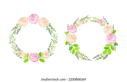 Floral Wreath Arranged from Lavender Twigs and Rose Buds Vector Set