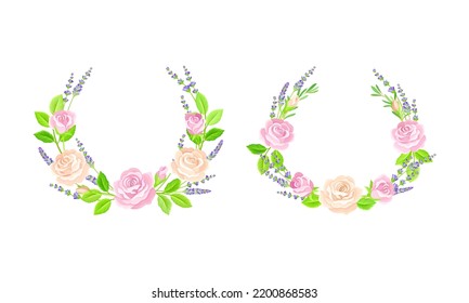 Floral Wreath Arranged from Lavender Twigs and Rose Buds Vector Set