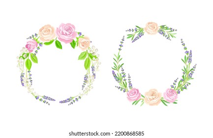 Floral Wreath Arranged from Lavender Twigs and Rose Buds Vector Set