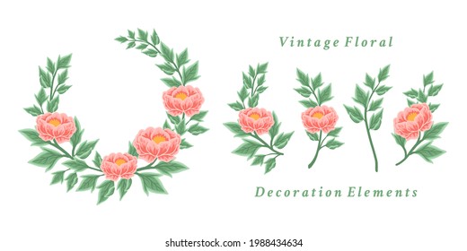 Floral wreath arrangement and bouquet element collection. Botanical vector illustrations