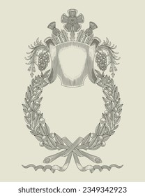 floral wreath with banner and ornament, Vintage engraving drawing style vector illustration. 