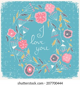 Floral wreath. Beautiful greeting card with floral wreath and place for text. Bright illustration. Vector wedding design. Greeting card.