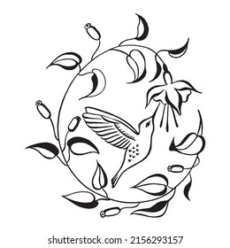 Floral Wreath With Bird. Botanical Ornament Of Floral Frame. Black And White Drawing. Calligraphic Drawing Pattern. Illustration For Greeting Cards, Invitations.