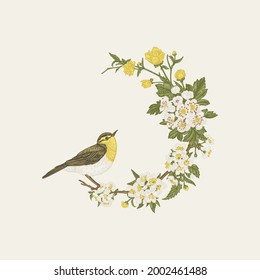 Floral wreath with bird. Branch with flowering hawthorn and cherry. Vintage. Botanical label. Vector illustration. Colorful.