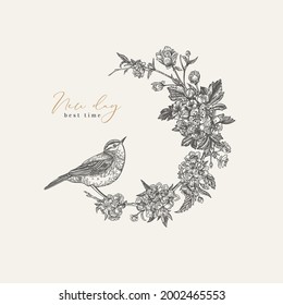 Floral wreath with bird. Branch with flowering hawthorn and cherry. Vintage. Botanical. Vector illustration. Black and white.