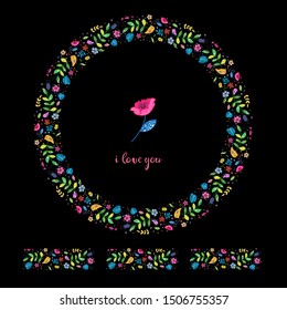 Floral wreath with birds and brush isolate on the black background. Vector illustration of garland for seasonal spring and summer design