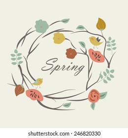 Floral wreath with birds in cartoon style. Spring background. Spring card