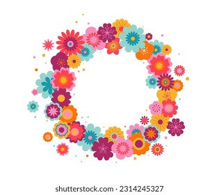 Floral wreath, birthday, anniversary, spring and summer sale design with many colorful flowers. Vector illustration and concept design