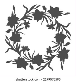 Floral wreath with black silhouettes of hand drawn flowers daffodil. Black and white botanical design element isolated on white. Vector for greeting card, wedding, postcard, invitation design.