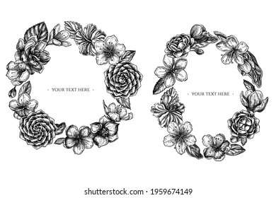 Floral Wreath of black and white hibiscus, plum flowers, peach flowers, sakura flowers, magnolia flowers, camellia japonica