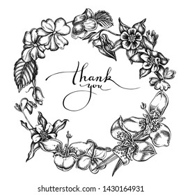 Floral Wreath of black and white impatiens, tigridia, aquilegia