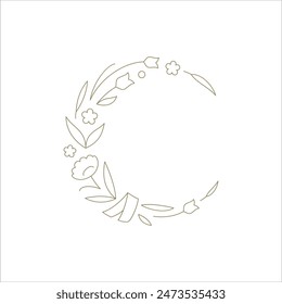 Floral wreath blossom plant linear round decorative element for minimalist logo vector illustration. Curved chaplet botanical blossom elegant flower golden monochrome contoured design for emblem