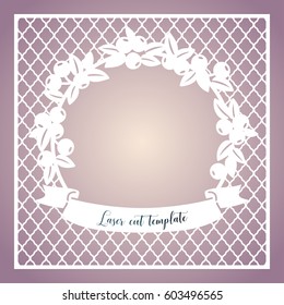 Floral wreath with blueberries, leaves and ribbon, on which may be your text. Laser cutting vector template for greeting cards, invitation, Interior decorative elements.
