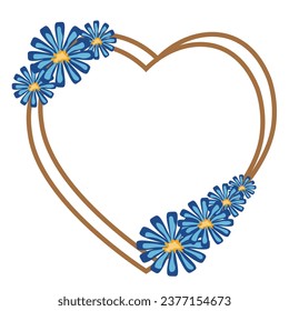 Ilustración vectorial del borde de la corona floral, marco floral azul, fondo de forma cardiaca abstracta