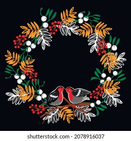 Floral de elementos de diseño botánico con pájaros sobre fondo negro.Frutas rojas y mistletoe con bayas blancas. Hojas abstractas en colores amarillo y blanco. Ilustración de dibujos animados vectoriales aislados.