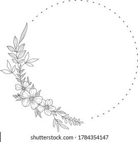 Floral Wreath branch in hand drawn style. Floral round black and white frame of twigs, leaves and flowers. Frames for the Valentine's day, wedding decor, logo and identity template.