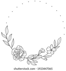 Floral Wreath branch in hand drawn style. Floral round black and white frame of twigs, leaves and flowers. Frames for the Valentine's day, wedding decor, logo and identity template.