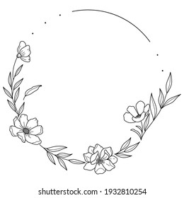 Floral Wreath branch in hand drawn style. Floral round black and white frame of twigs, leaves and flowers. Frames for the Valentine's day, wedding decor, logo and identity template.