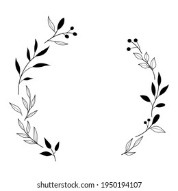 Floral Wreath branch in hand drawn style. Floral round black and white frame of twigs, leaves and flowers. Frames for the Valentine's day, wedding decor, logo and identity template.