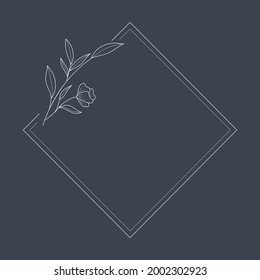 Floral Wreath Branch In Hand Drawn Style. Floral Rectangle Blue And Navy. Frame Of Twigs, Leaves And Flowers. Frames For The Valentine's Day, Wedding Decor, Logo And Identity Template. 