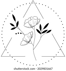 Floral Wreath branch in hand drawn style. Floral Triangle white and black. frame of twigs, leaves and flowers. Frames for the Valentine's day, wedding decor, logo and identity template.