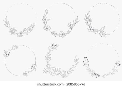 Floral Wreath branch in hand drawn style. Floral round gray and white frame of twigs, leaves and flowers. Frames for the Valentine's day, wedding decor, logo and identity template.