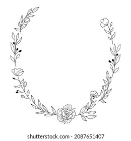 Floral Wreath branch in hand drawn style. Floral ellipse black and white frame of twigs, leaves and flowers. Frames for the Valentine's day, wedding decor, logo and identity template.