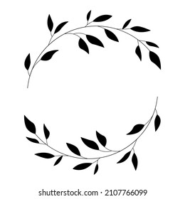 Floral Wreath branch in hand drawn style. Floral circle black and white frame of twigs, leaves and flowers. Frames for the Valentine's day, wedding decor, logo and identity template.