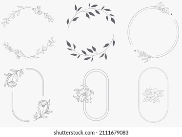 Floral Wreath branch in hand drawn style. Floral black and white frame of twigs, leaves and flowers. Frames for the Valentine's day, wedding decor, logo and identity template.