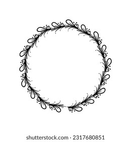 Floral Wreath branch in hand drawn style. Floral round black and white frame of twigs, leaves and flowers. Frames for the Valentine's day, wedding decor, logo and identity template.